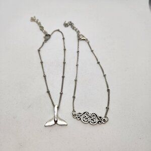 Anklet Whale Tail And Double Hearts 2 Piece Set Silver Tone